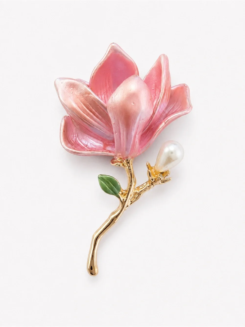 Pink Magnolia Flower Brooch Pin – Gold Tone Enamel Floral Statement Brooch
